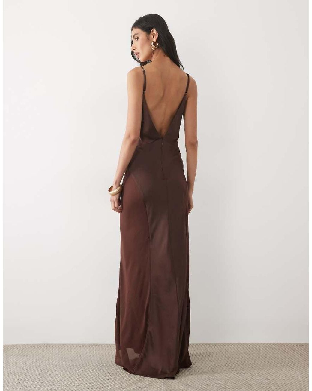 Wanderdoll Brown Sadran Satin Cami Mesh Panel Maxi Dress