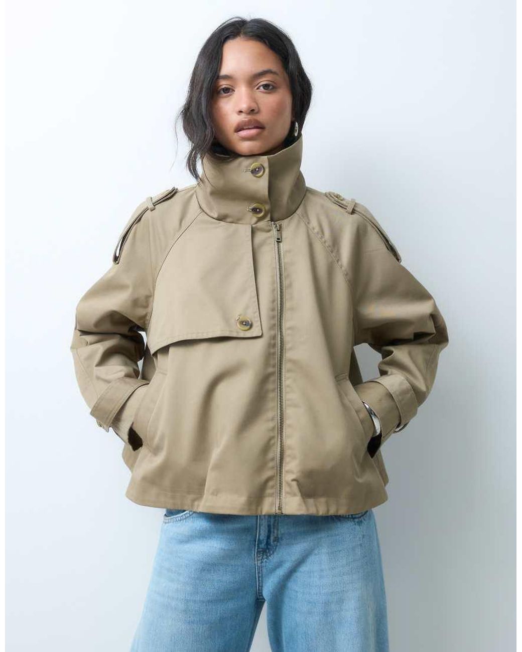 ASOS Natural Funnel Cropped Cape Trench Coat