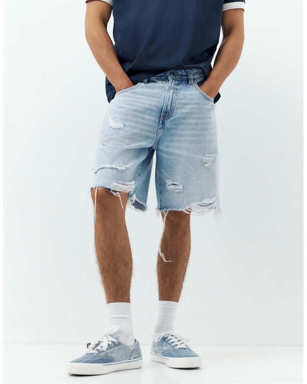 Pull&Bear Blue Straight-leg Denim Bermuda Shorts for men