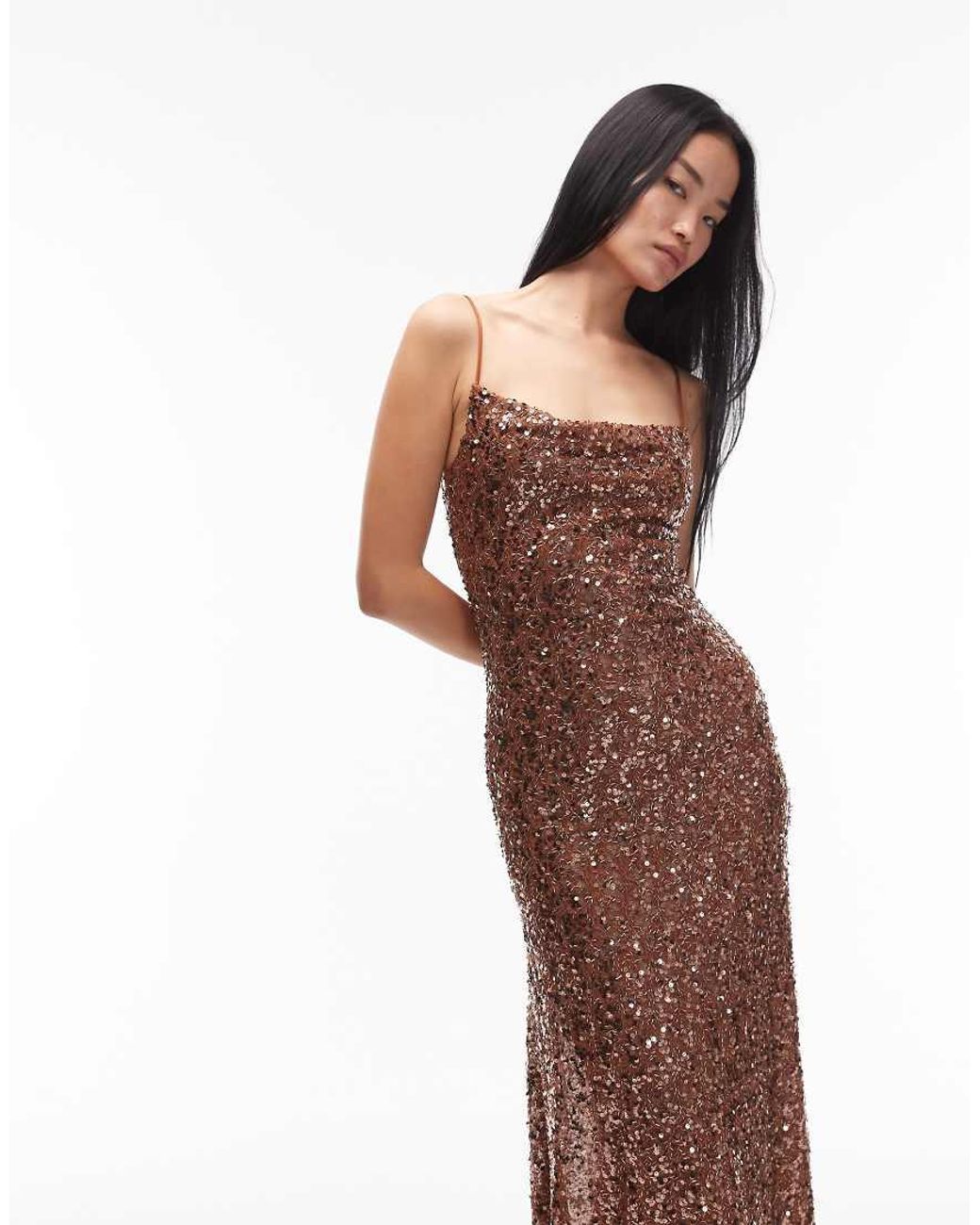 True Decadence Brown Bias Cut Strappy Sequin Maxi Dress
