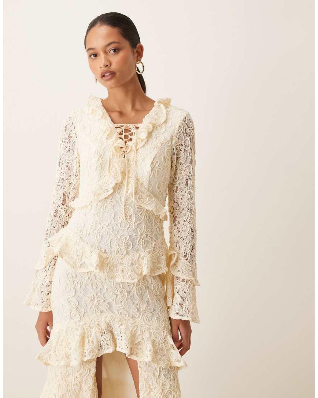 True Decadence Natural Ruffle Lace Up Maxi Dress