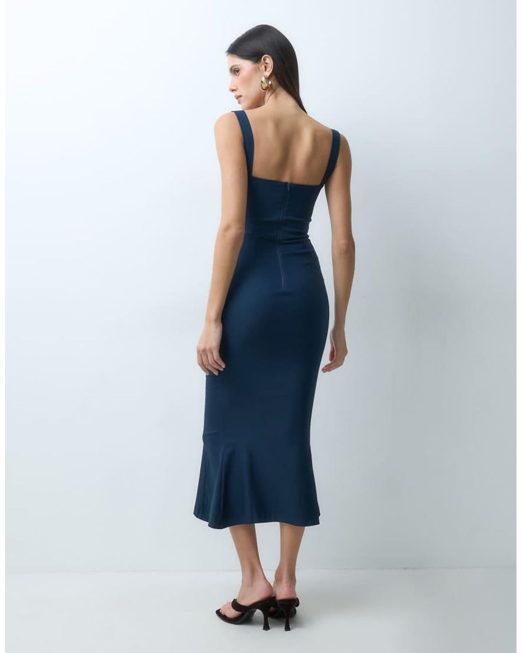 Vesper Blue Bengaline Sleeveless Square Neck Fishtail Midi Dress