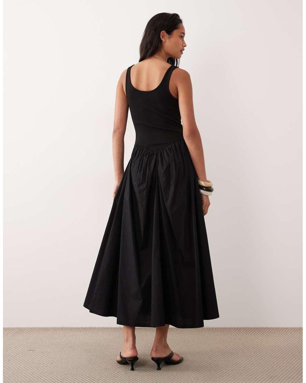 ASOS Black Basque Waist Midi Dress With Woven Skirt