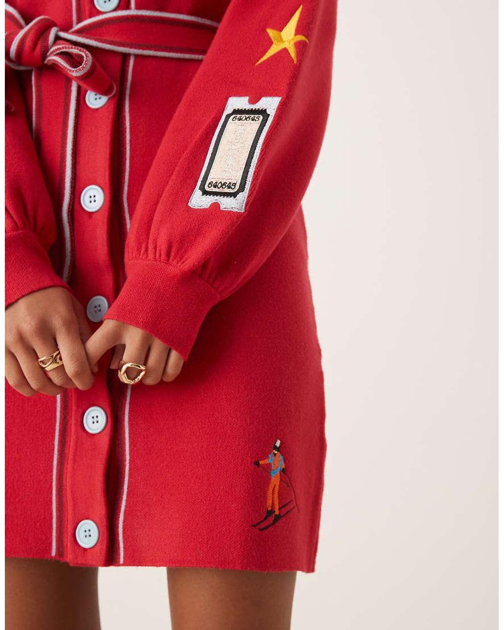Never Fully Dressed Red Ski Motif Knit Cardigan Mini Dress
