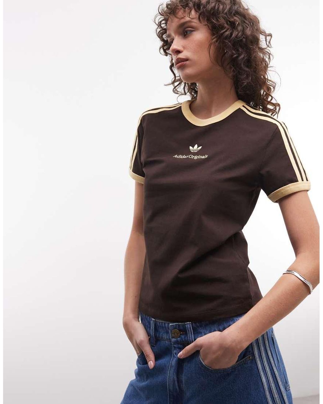 Adidas Originals Brown Three Stripe T-shirt With Central Retro Logo