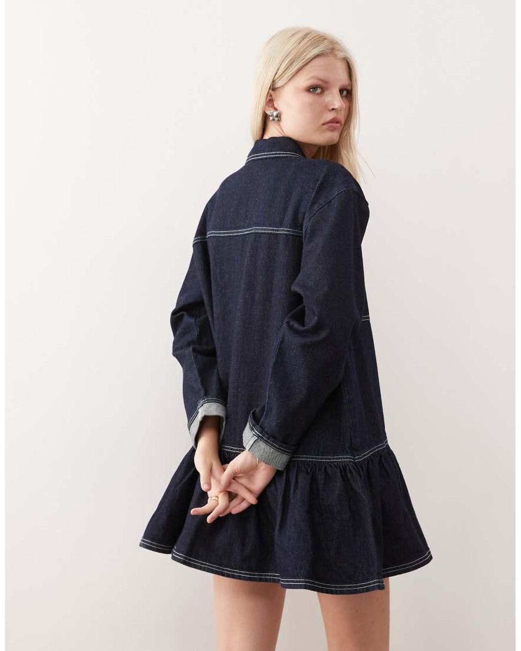 Collusion Blue Denim Long Sleeve Smock Mini Dress