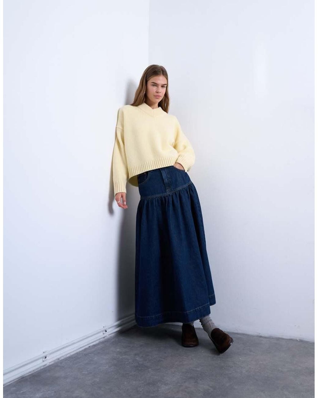 TOPSHOP Blue Denim Maxi Skirt With Gathered Yoke Detail