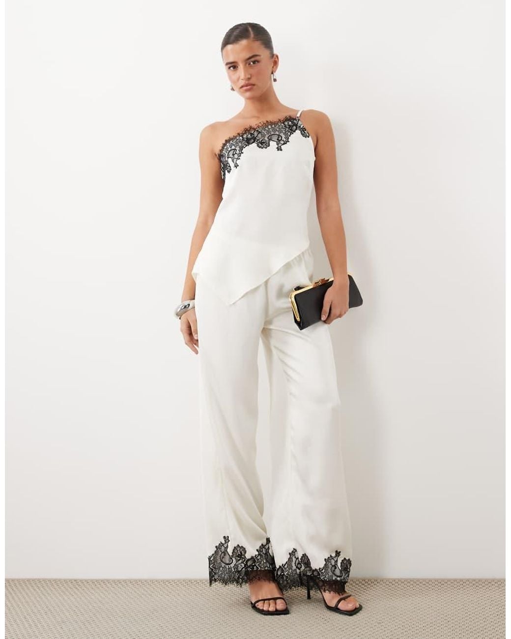 The Frolic White Satin Lace Trim Asymmetric Hem Top Set