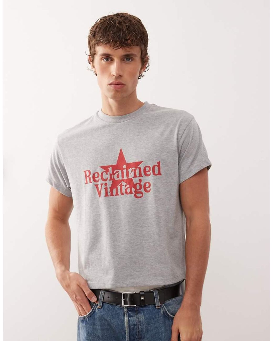 Reclaimed Vintage Gray Slim Boxy Oversized Boxy Oversized Tee With Branded Graphic for men