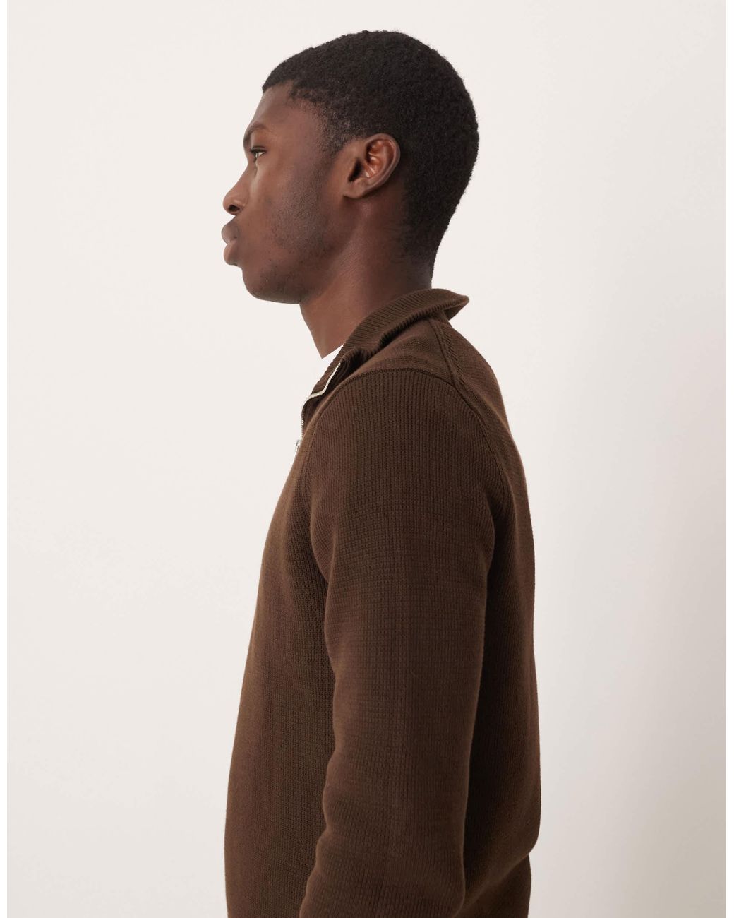 SELECTED Brown 100% Cotton Knitted Half Zip for men