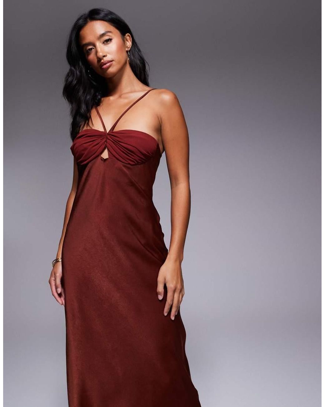 ASOS Brown Asos Design Petite Satin Strappy Halter Maxi Dress With Contrast Bust