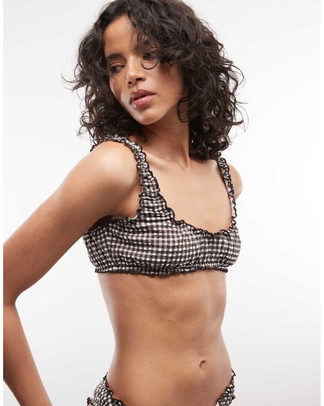 Collusion Brown Gingham Seersucker Frill Crop Bikini Top
