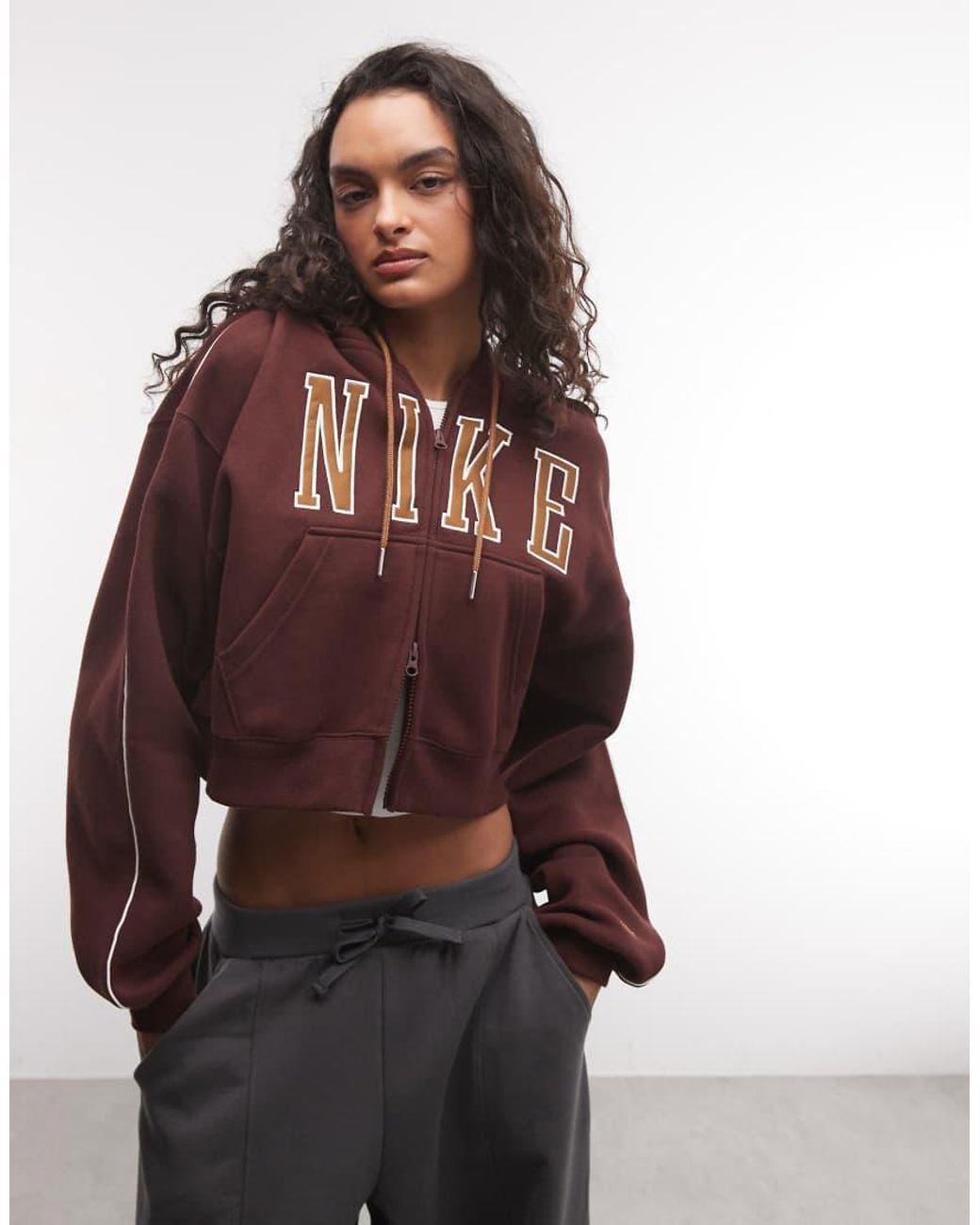 Nike Brown Studio Fleece Mid-Weight Oversized Cropped Zip-Through Logo Hoodie