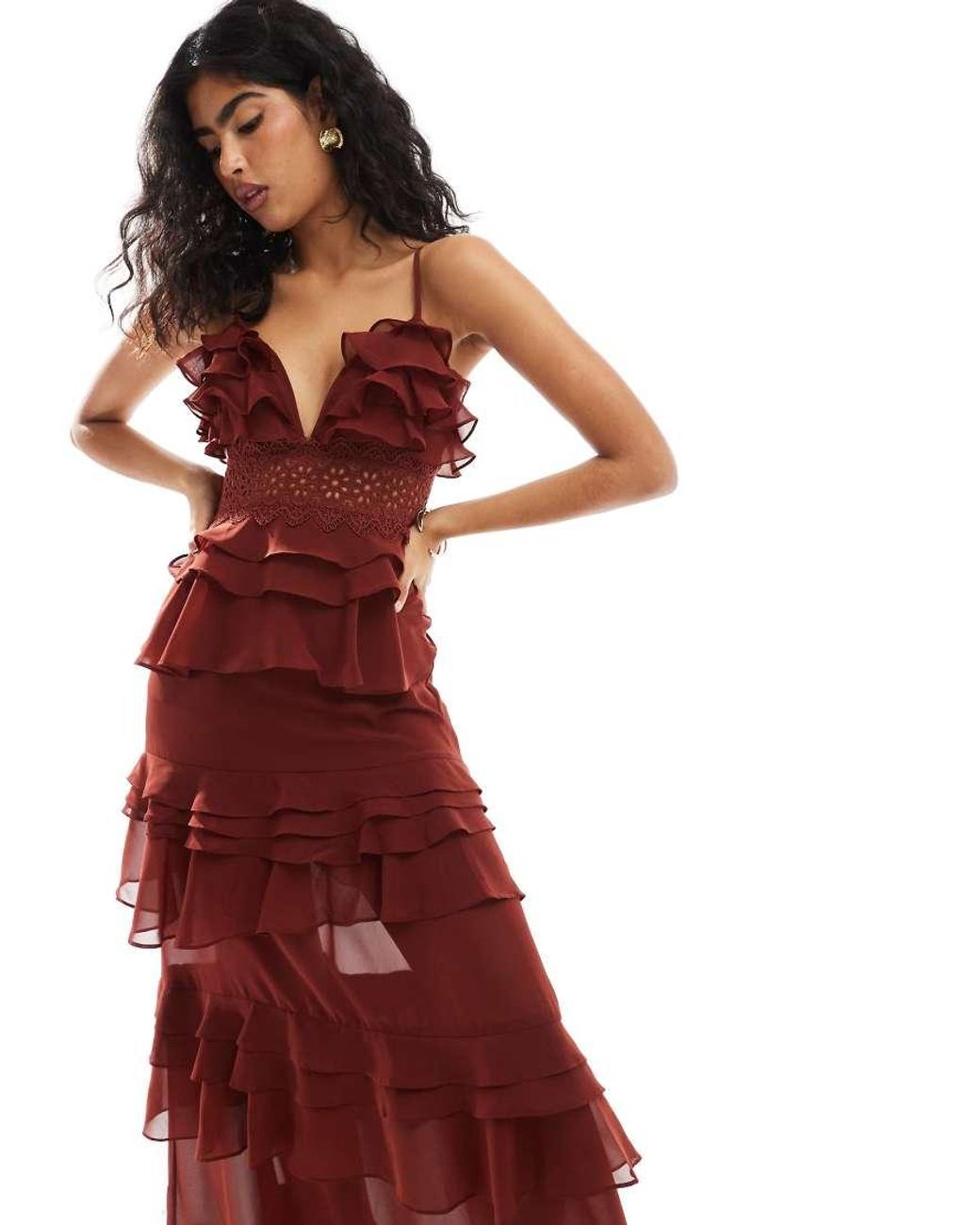 True Decadence Plunge Front Tiered Ruffle Maxi-Dress