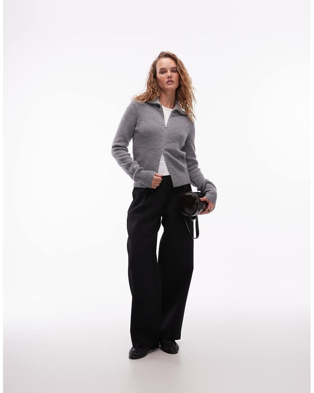 ARKET Gray Pure Wool Zip Front Cardigan With Wide Collar