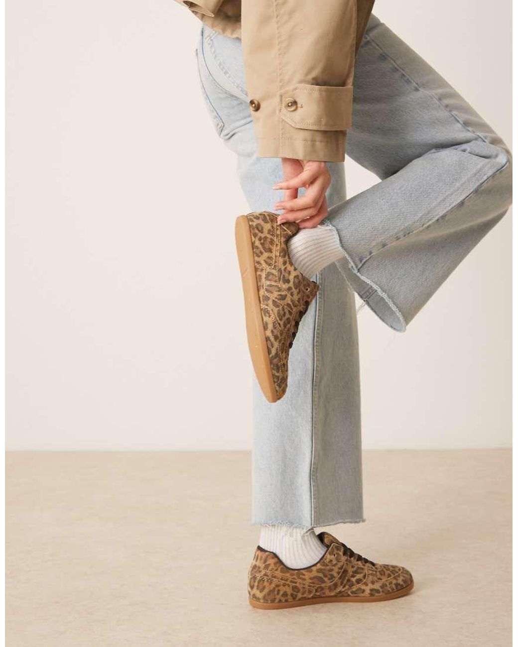 ASOS Natural Diligent Slim Lace Up Trainers Leopard Suede