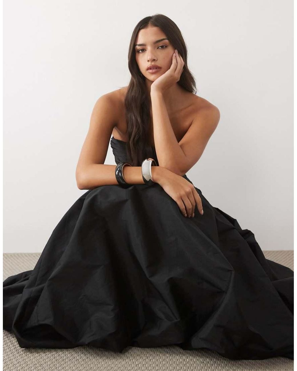 LACE & BEADS Black Taffeta Strapless Drop Waist Bubble Hem Maxi Dress