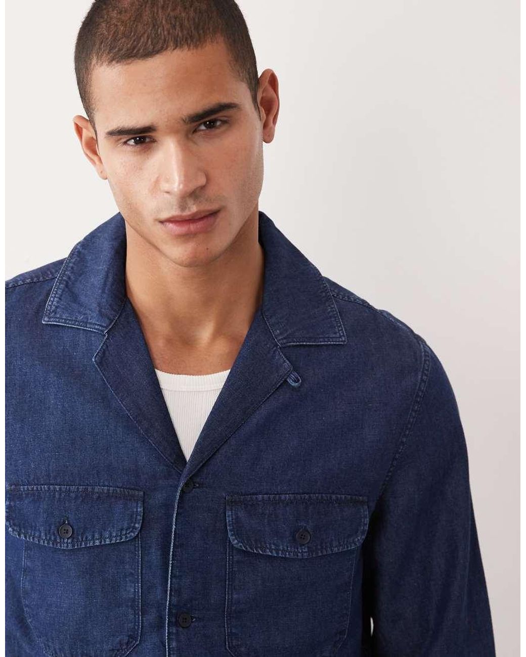 Mango Blue 100% Linen Long Sleeve Denim Look Shirt for men