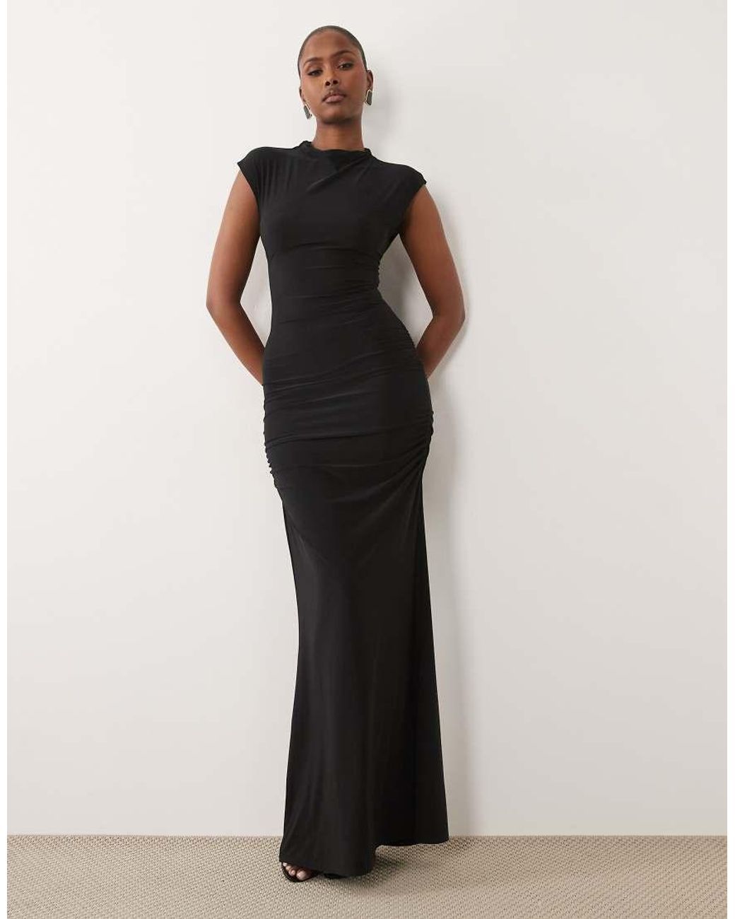 ASOS Black Cap Sleeve Maxi Dress With Lace Up Detail And Ruching