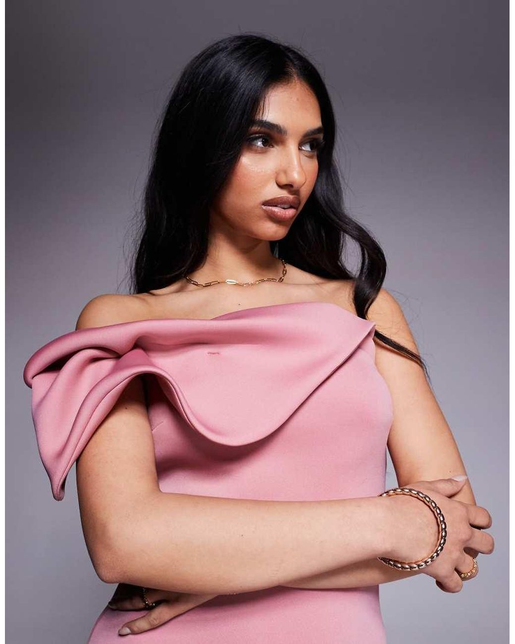 ASOS Bardot Midi Dress With Twisted Strap in Pink | Lyst UK
