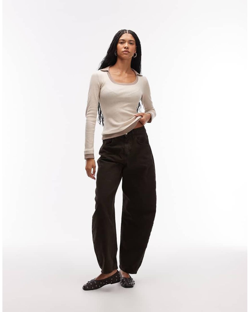 ASOS Natural Long Sleeve V-neck Top With Collar