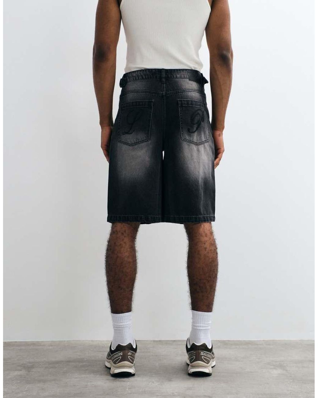 Liquor N Poker Black Fireman Buckle Denim Jorts for men