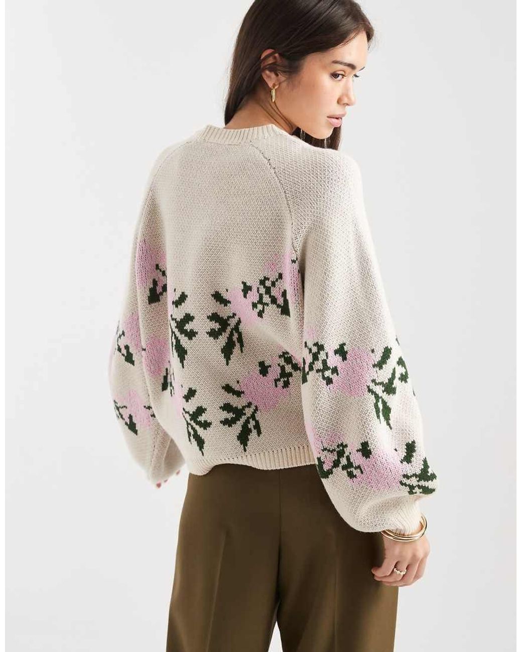 Miss Selfridge Natural Floral Crew Neck Oversized Cardigan
