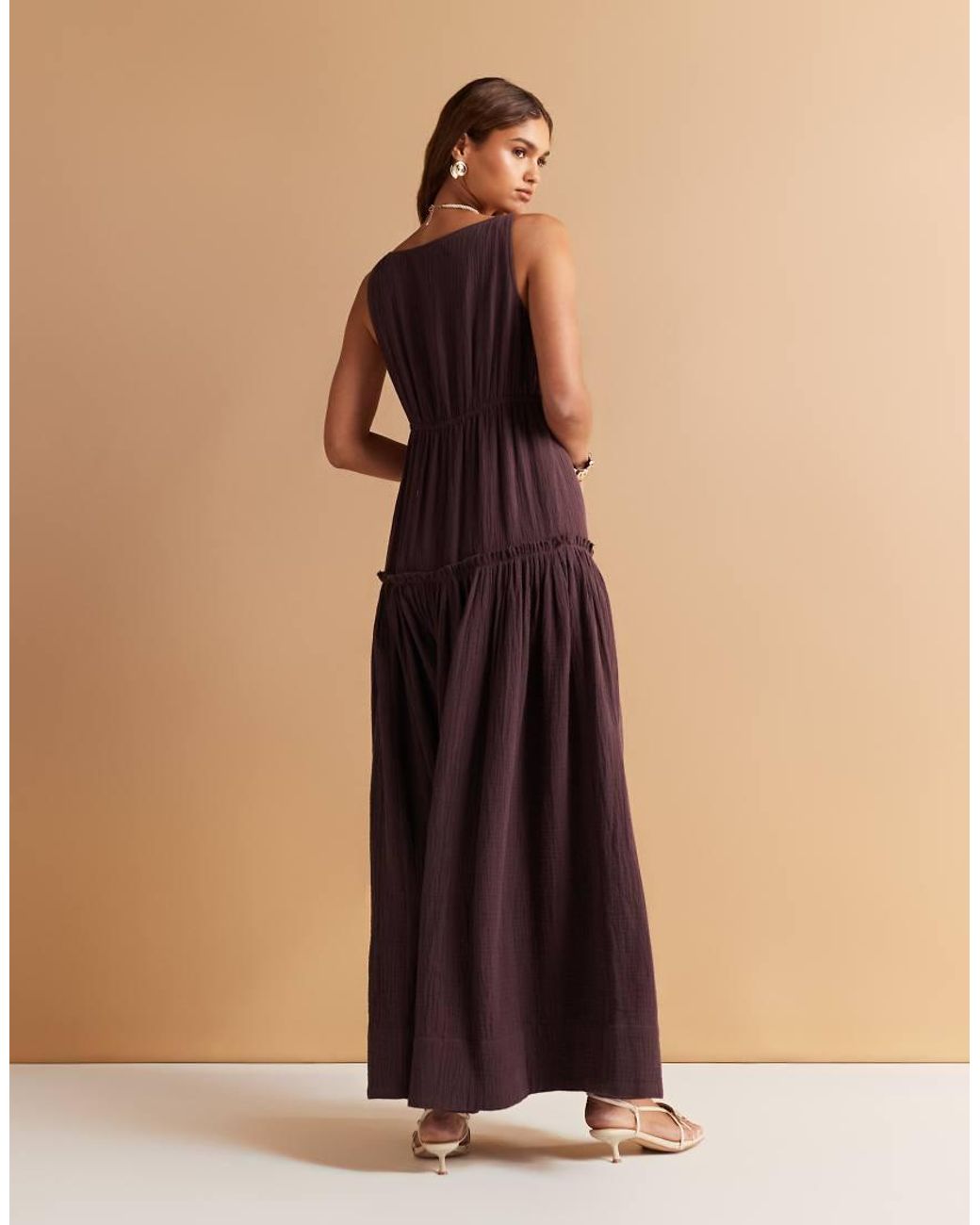 ASOS Natural Laundered Slash Neck Maxi Dress With Seaming Detail