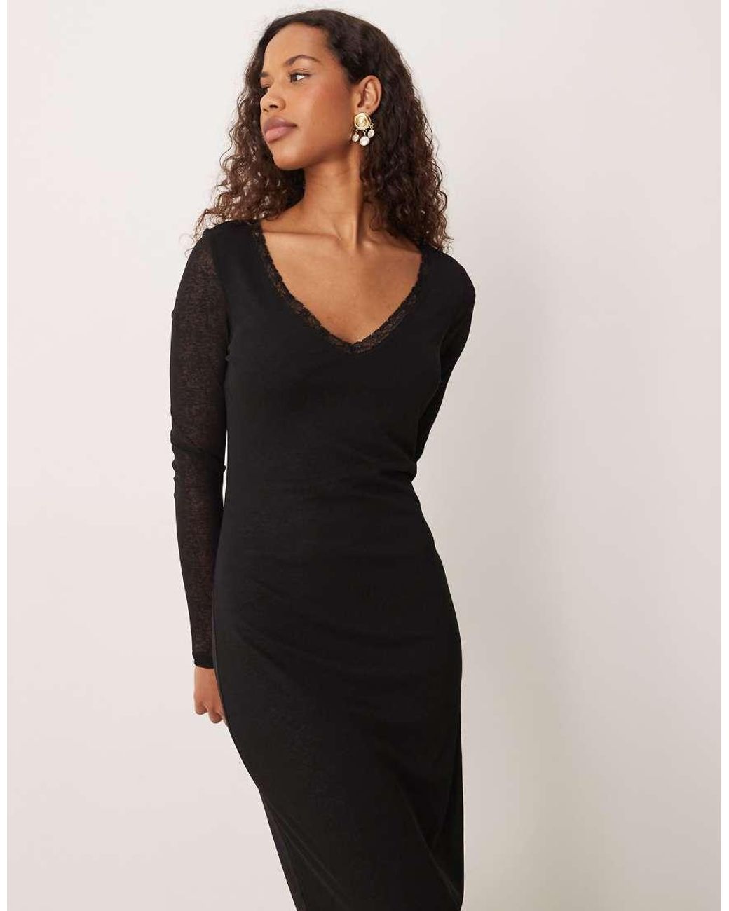 ASOS Black Lace Insert Ruched Front Midi Dress