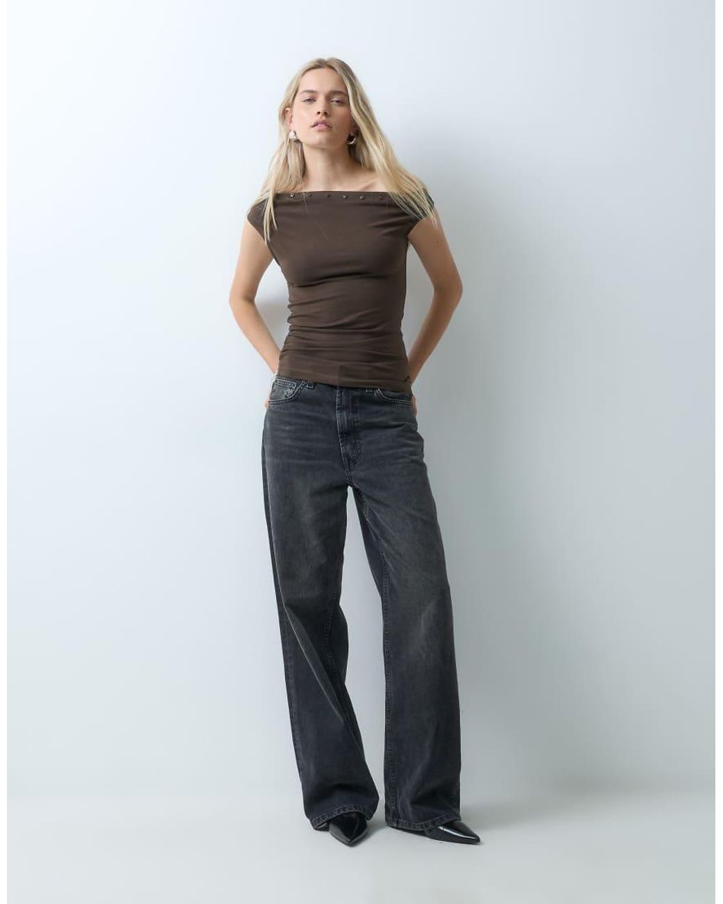JJXX Brown Asymmetric Shoulder Top