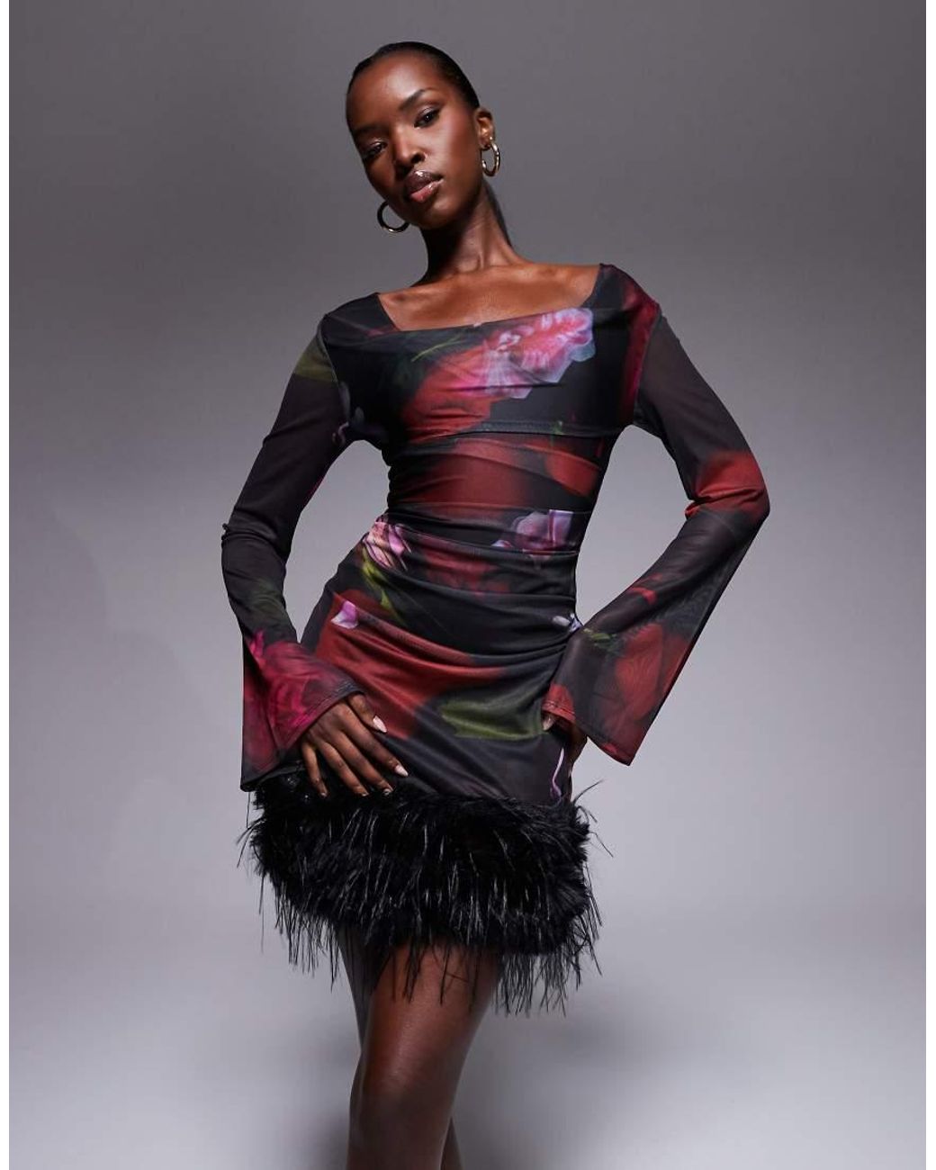 ASOS Multicolor Long Sleeve With Square Neck Mesh Mini Dress With Fur Trim Skirt