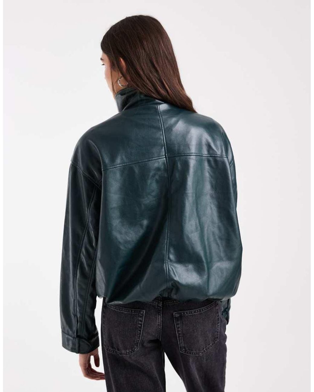 ASOS Green Clean Leather Look Funnel Bomber Jacket