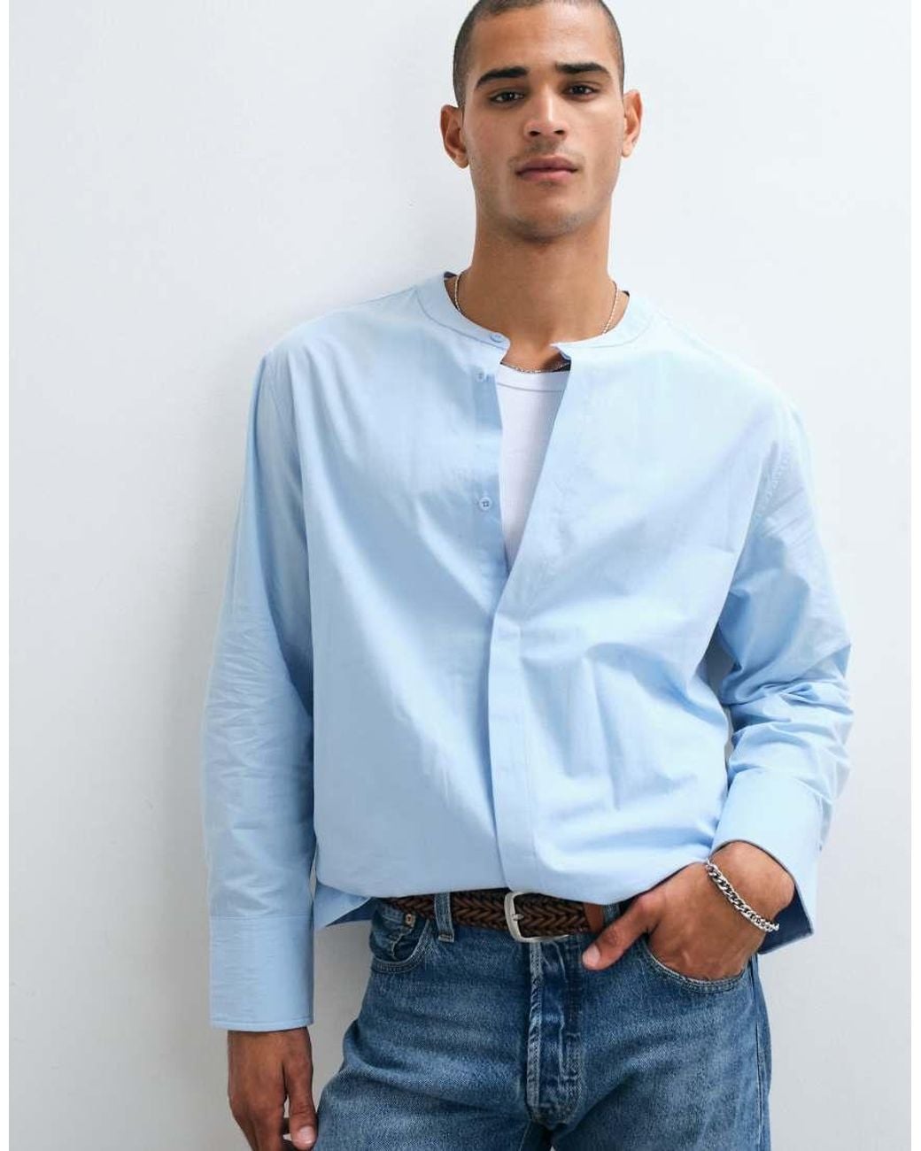 ASOS Blue Relaxed Poplin Shirt With Grandad Collar for men
