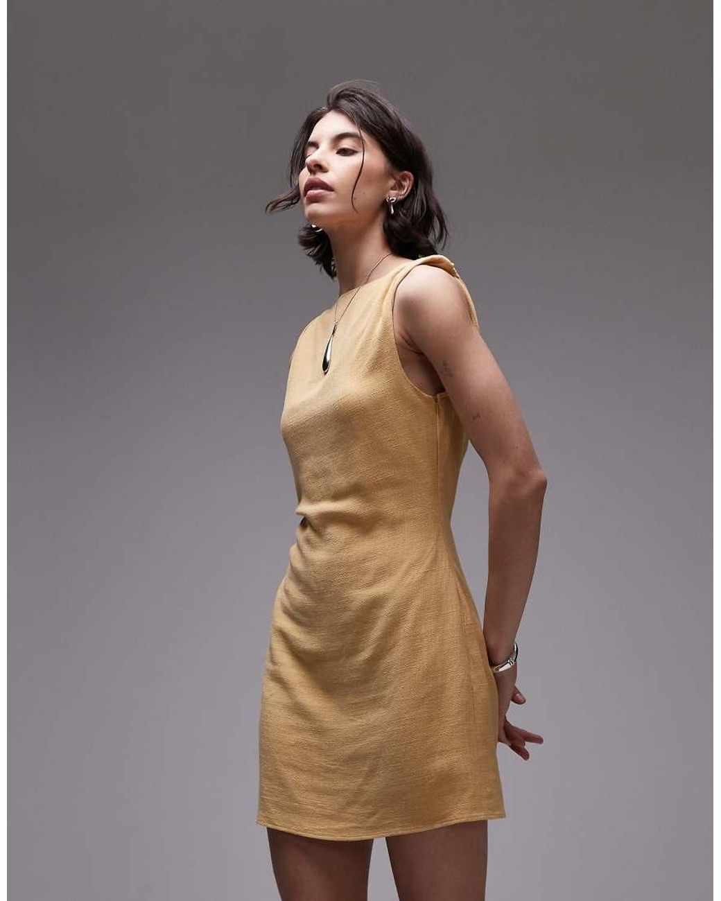 TOPSHOP Brown Twist Shoulder Linen Mini Dress