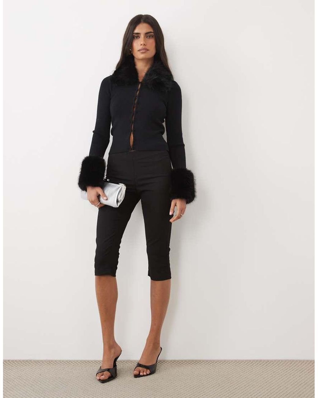 The Frolic Black Exclusive Knitted Faux Fur Collar & Cuff Cardigan