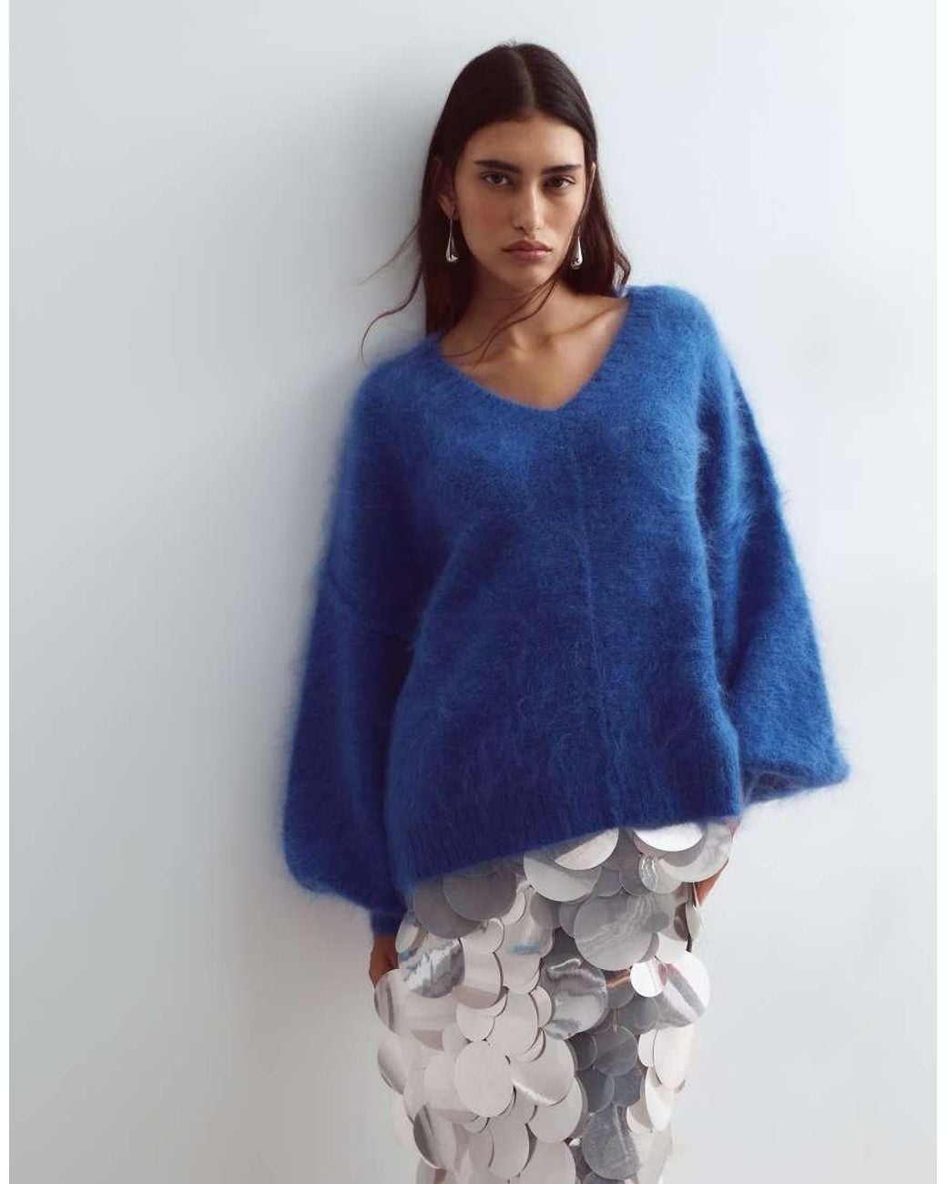 ARRANGE Blue Premium Oversized Mohair Rich V-neck Sweater