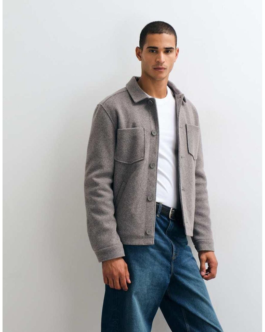 Threadbare Gray Faux Wool Collared Jacket With Patch Pockets for men