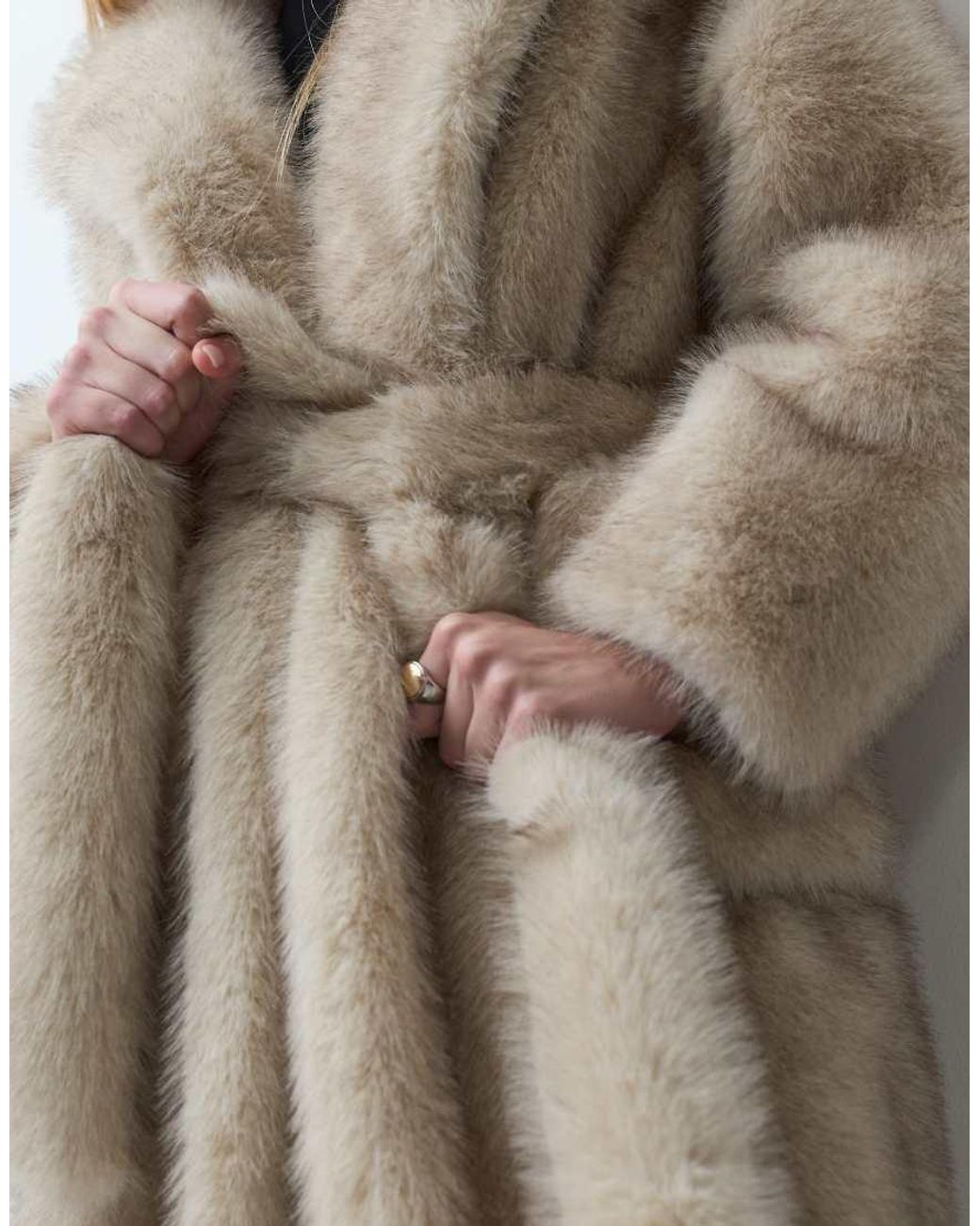 4th & Reckless Natural Faux Fur Oversized Belted Maxi Coat