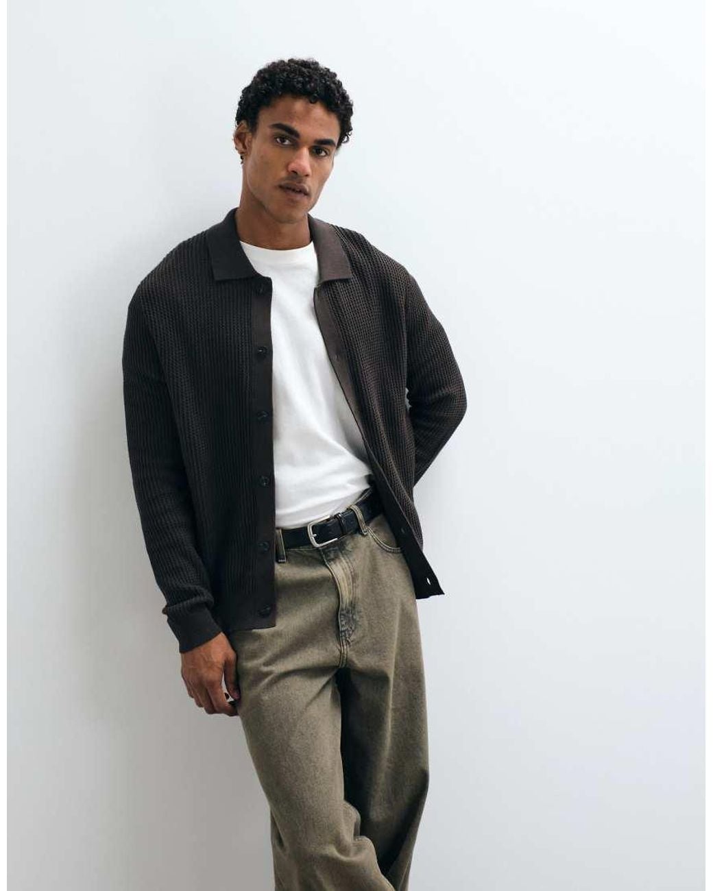 Mango Brown Knitted Button Through Cardigan for men