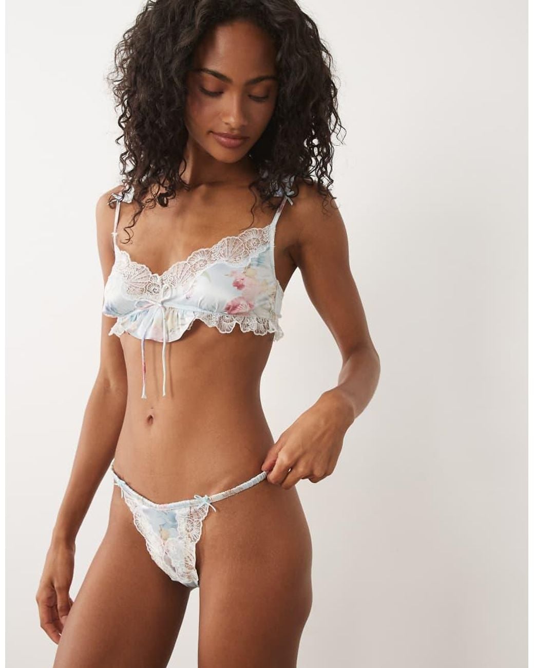 For Love & Lemons Brown Hearts Adrift Satin Thong With Bows