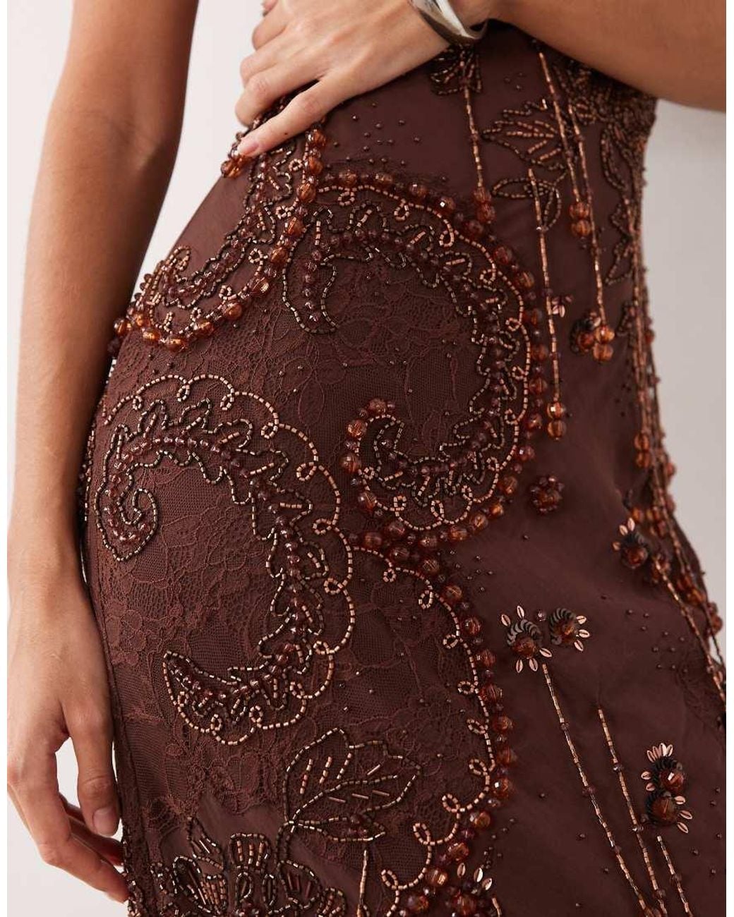ASOS Brown Premium Embellished Lace And Tassel Bandeau Maxi Dress