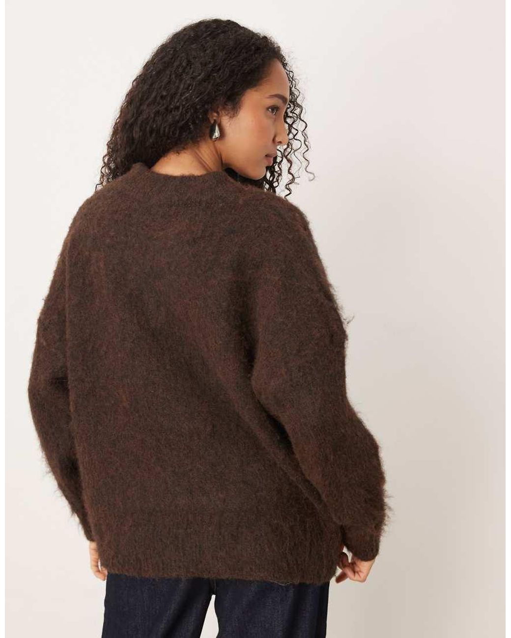 ASOS Brown Knitted Brushed V Neck Oversized Jumper