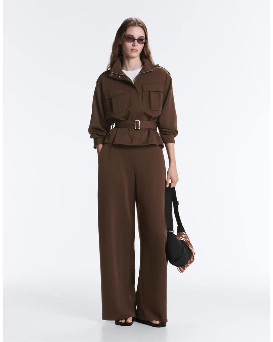 Oysho Brown Cropped Piqué Utility Jacket With Belt