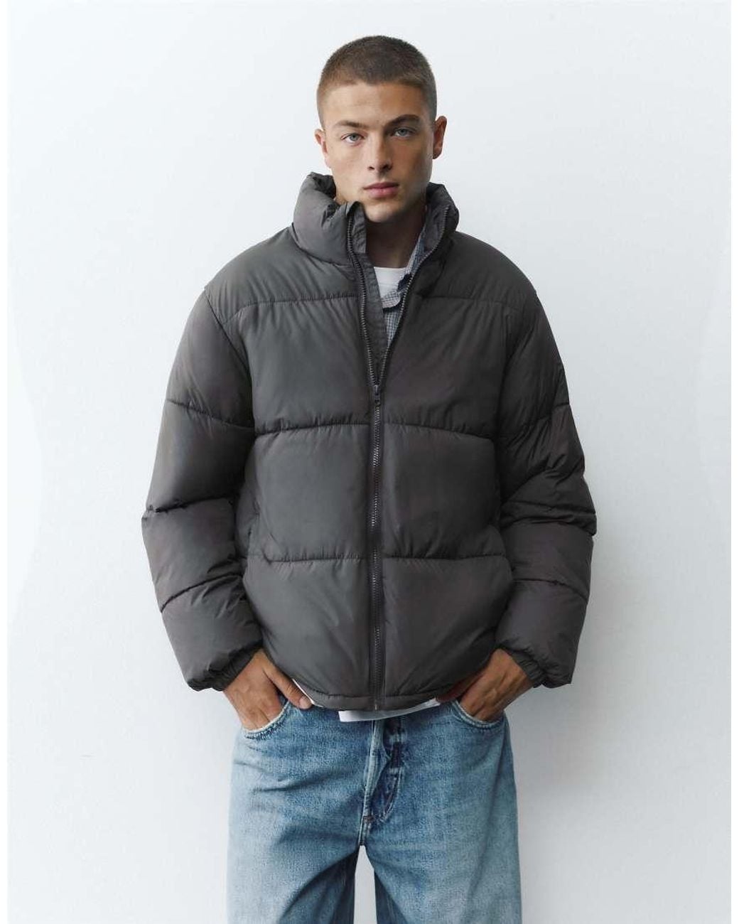 Pull&Bear Gray High Neck Puffer Jacket for men