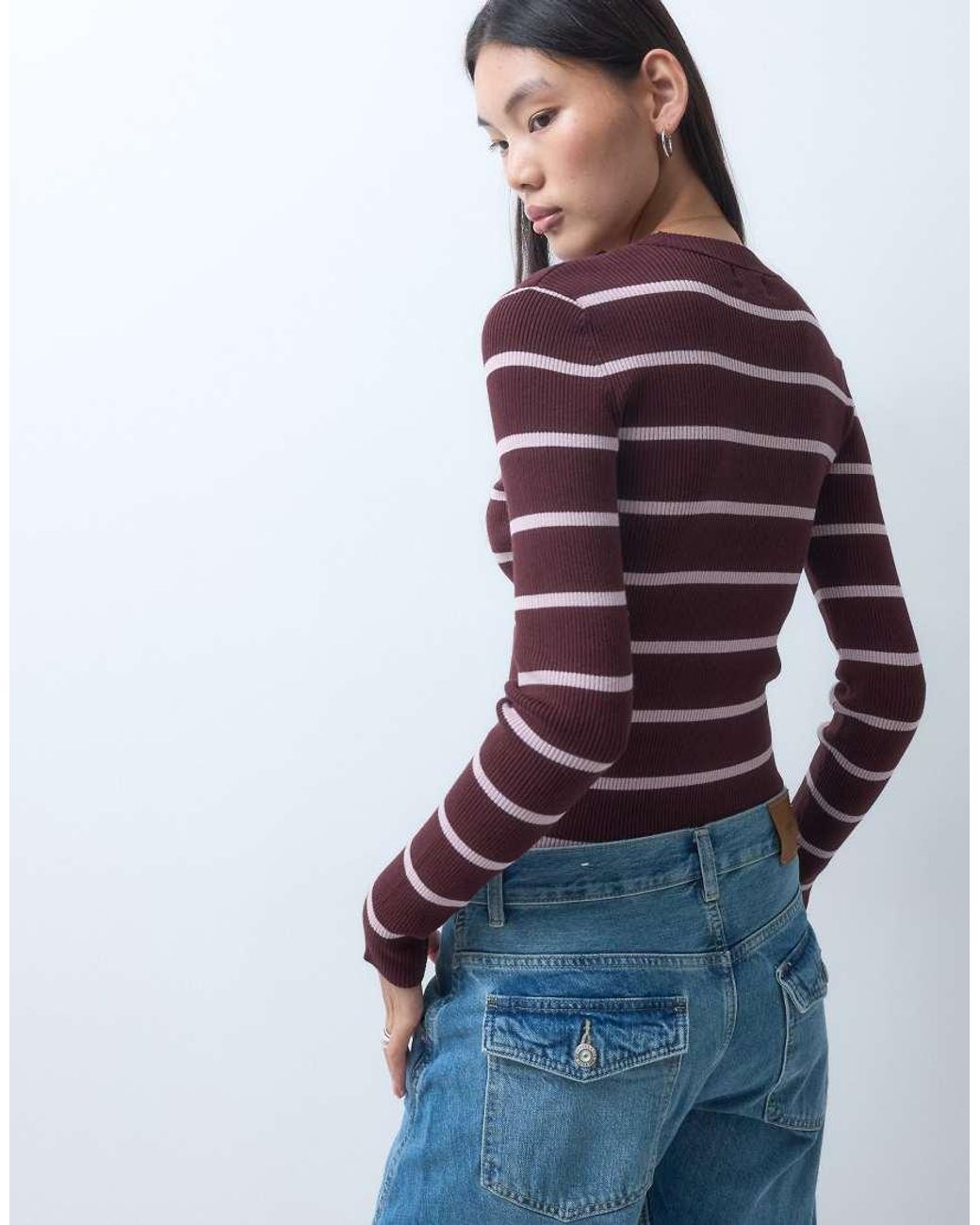 Monki Blue Long Sleeve Rib Knit Top