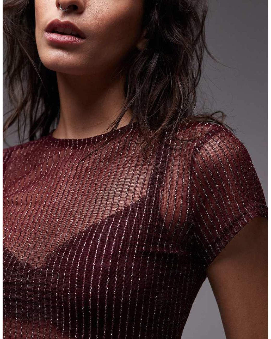 ASOS Brown Semi Sheer Metallic Stripe Longline Baby Tee