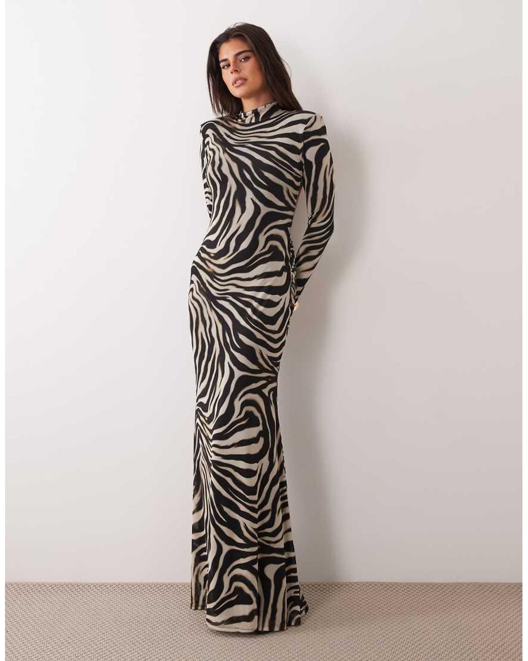 ASOS White Printed Zebra Animal Mesh Deep Cowl Mini Dress With exaggerated Sash And Shoulder Pads