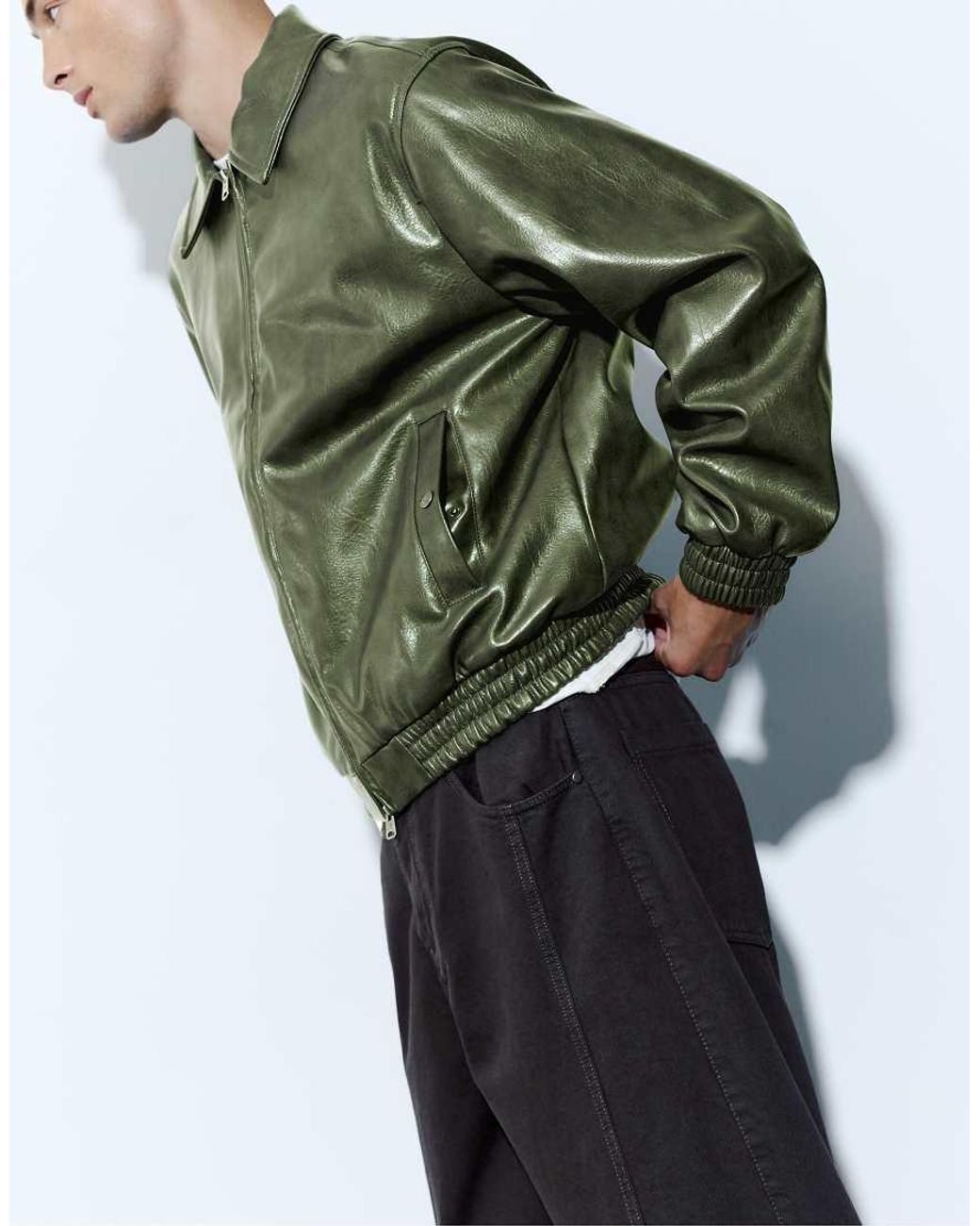 Pull&Bear Green Leather-Effect Jacket for men
