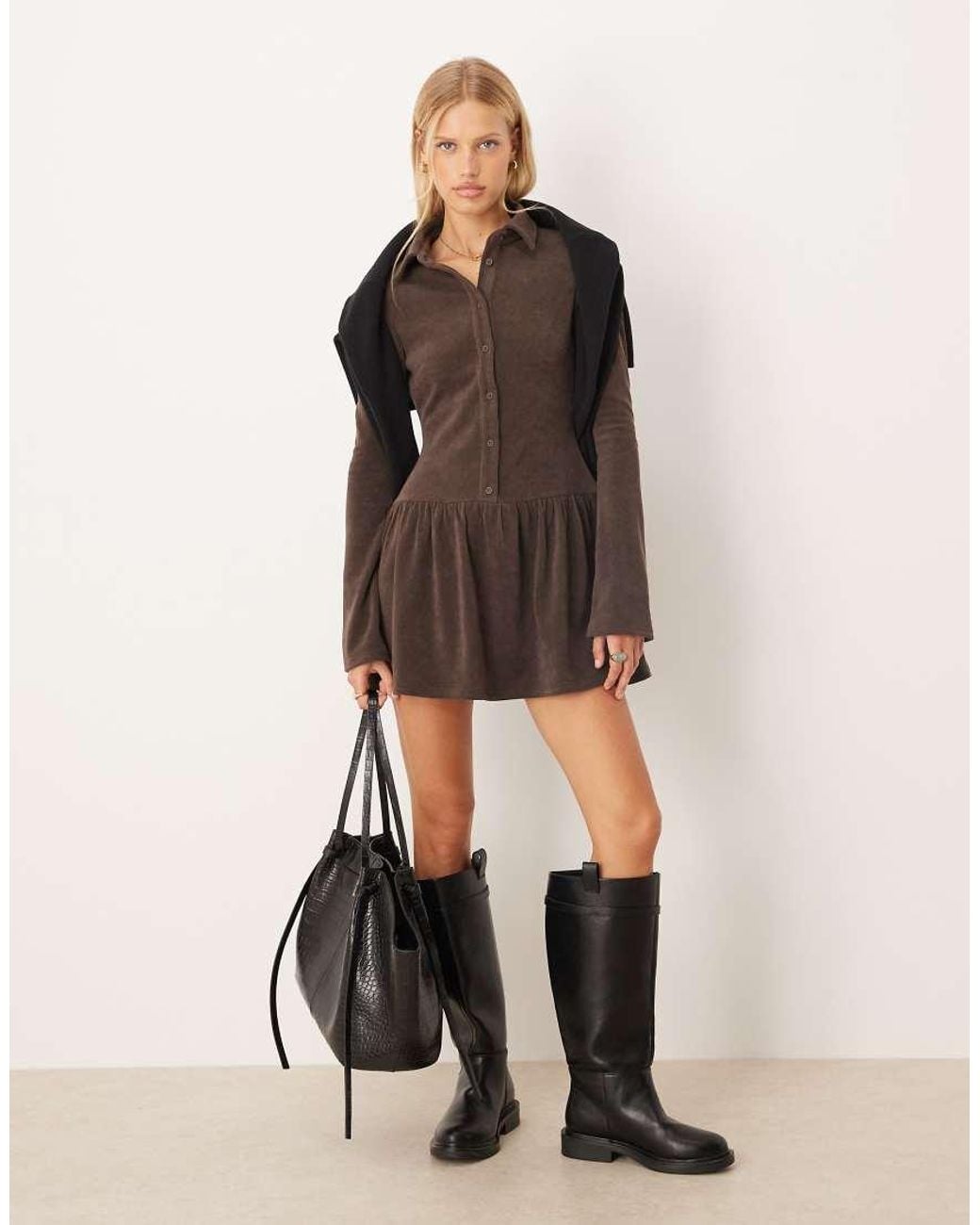 ASOS Brown Button Through Drop Waist Cord Mini Dress