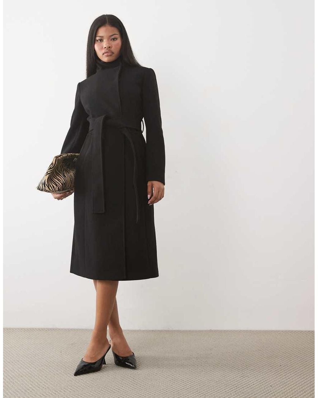 Forever New Black High Neck Belt Detail Long Line Coat